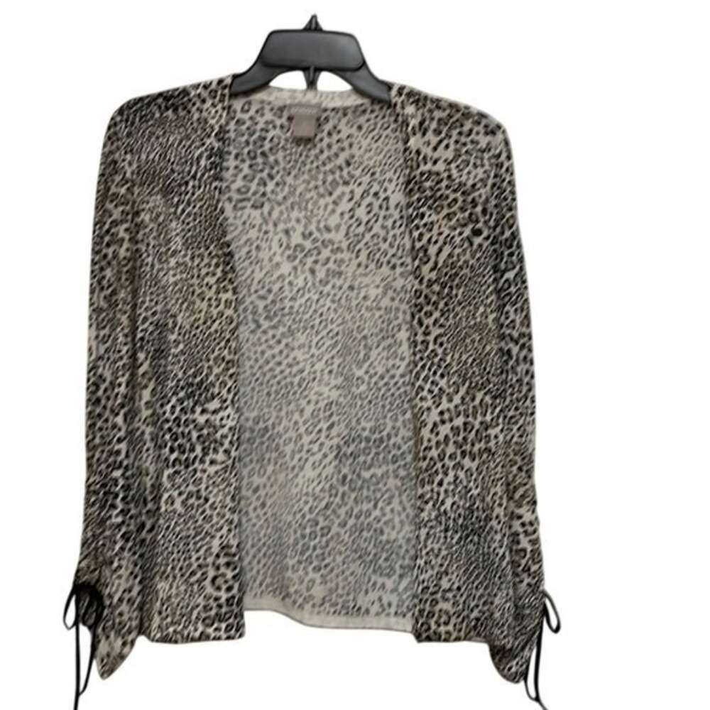 Chicos Cardigan Size 0 Small Tan Black Leopard Print Open Front Tie Side Hem